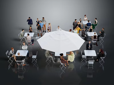 Indoor Gathering Scene With Many People Tables Chairs And Large Umbrella 3d model