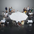 Indoor Gathering Scene With Many People Tables Chairs And Large Umbrella