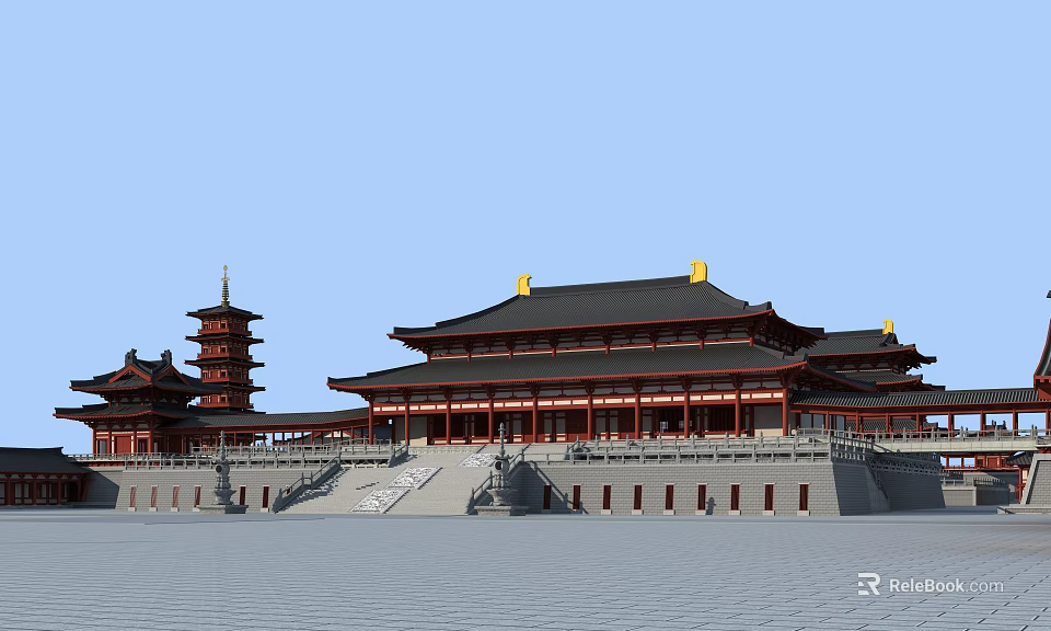 Traditional Chinese Ancient Architecture With Classic Roof Red Walls And Pagoda Structure 3d model 