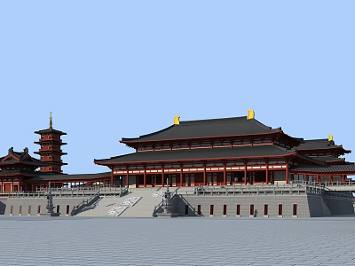 Traditional Chinese Ancient Architecture With Classic Roof Red Walls And Pagoda Structure 3d model
