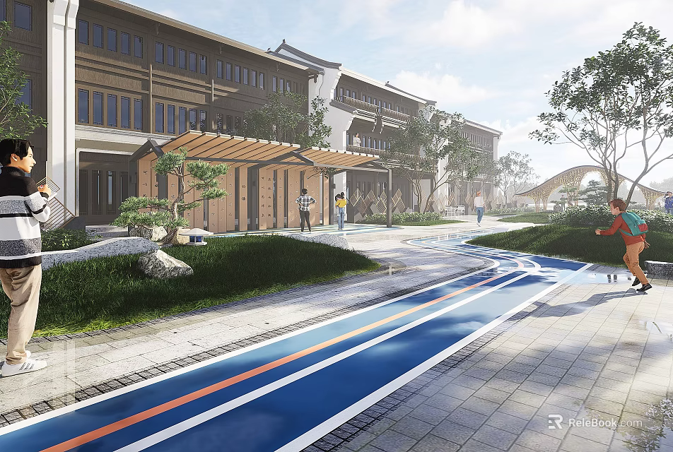 Scenic Park Landscape Featuring Blue Orange Striped Track Green Lawns Trees And Chinese Style Buildings 3d model 