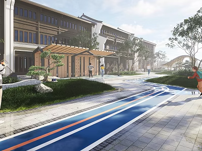Scenic Park Landscape Featuring Blue Orange Striped Track Green Lawns Trees And Chinese Style Buildings 3d model