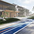 Scenic Park Landscape Featuring Blue Orange Striped Track Green Lawns Trees And Chinese Style Buildings