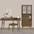 Wooden Desk With Chair Desk Lamp Clock And Bookshelf Near Wall Art