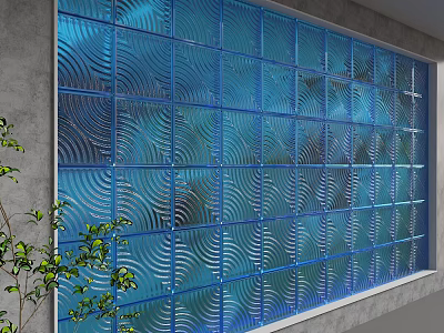 Blue Glass Wall With Wavy Pattern Grid Design And Green Plant Decoration 3d model