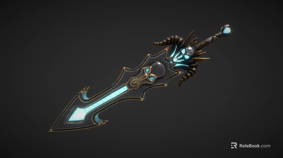 Mythical Glowing Blue Sword With Skull Horns And Gemstone Decorations 3d model 