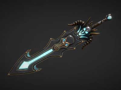 Mythical Glowing Blue Sword With Skull Horns And Gemstone Decorations 3d model