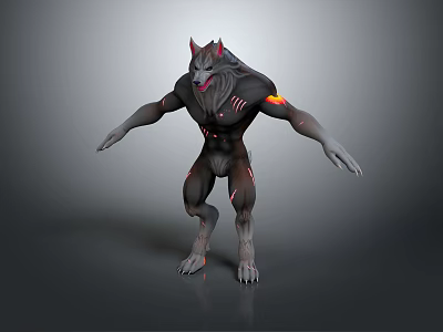 Game Movie Character Muscular Wolf Head Gray Humanoid Body With Black Stripes And Flame Effects 3d model