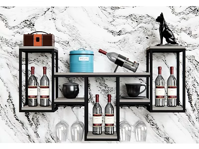 Modern Wall Mounted Wine Rack With Wine Bottles Wine Glasses And Marble Wall Background 3d model