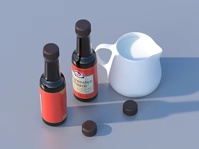 Kitchen Countertop With Two Sauce Bottles Red Labels White Milk Jug And Black Caps 3d model