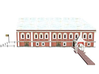 European Style Architecture With Red Brick Exterior White Roof And Arched Entrance 3d model