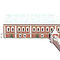 European Style Architecture With Red Brick Exterior White Roof And Arched Entrance