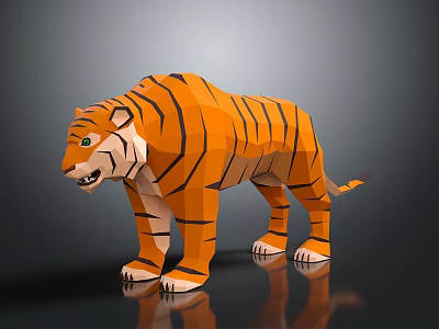 Low Poly Tiger With Orange And Black Stripes Standing On Gray Background With Reflection 3d model