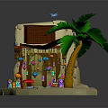 Cartoon Scene With Small Hut Red Awning Palm Tree Colorful Items And Flying Birds