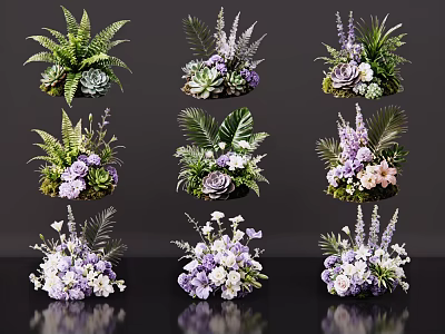 Elegant Floral Arrangement With Purple White Flowers Green Ferns And Succulents 3d model