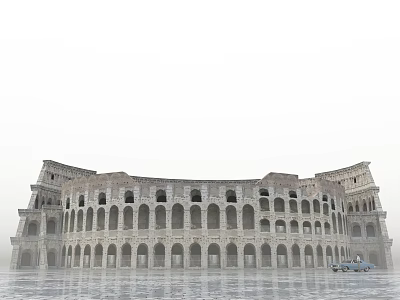 Ancient Roman Colosseum Historic Architecture With Arched Openings And Vintage Car On Smooth Ground 3d model