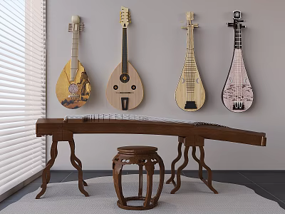 Traditional Musical Instruments and Artistic Paintings with Pipa Guzheng on Wall and Tabletop Wooden 3d model