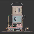 Cartoon Scene Featuring Two Story Building With Green Walls Red Roof And Red Truck