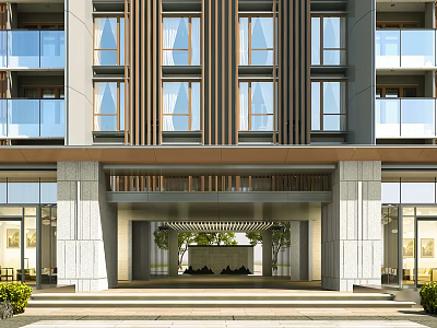 Modern Building Main Entrance Gate With Stone Facade Awning And Green Plants 3d model