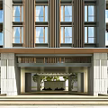 Modern Building Main Entrance Gate With Stone Facade Awning And Green Plants