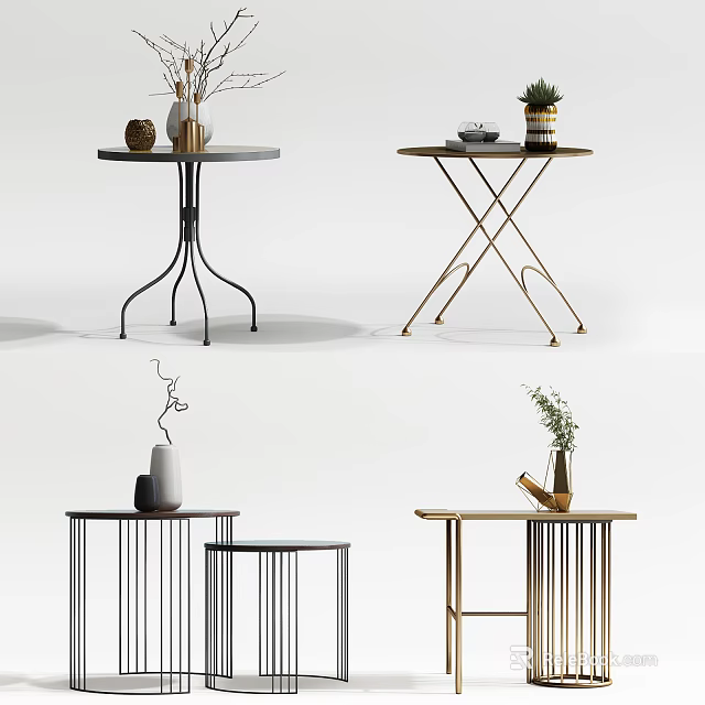 Modern Round Accent Tables with Black Gold Metal Legs and Decorative Vases Plants in Living Room 3d model 