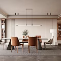 Modern Restaurant Interior With Open Dining Table Brown Chairs Pendant Lights Bookshelves And Gray Rug