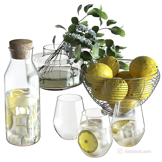 Elegant Decorative Ornament Set With Lemons Glass Bottle Cups Whisk And Green Foliage 3d model 