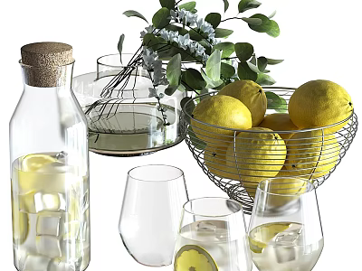 Elegant Decorative Ornament Set With Lemons Glass Bottle Cups Whisk And Green Foliage 3d model