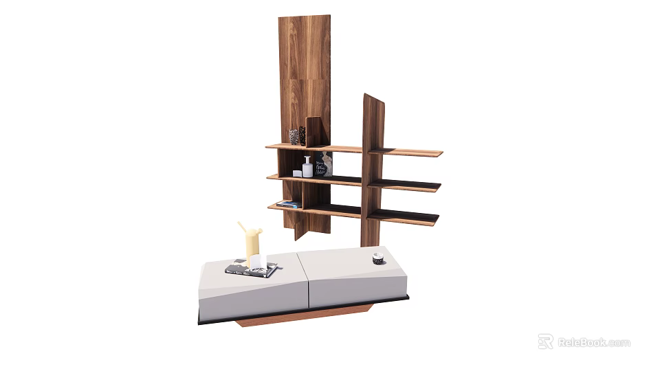 Modern Geometric Coffee Table with Gray Top and Wooden Base Featuring Decorative Tray Accessories 3d model 