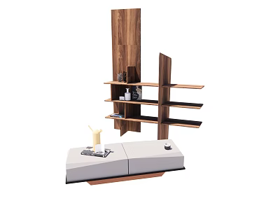 Modern Geometric Coffee Table with Gray Top and Wooden Base Featuring Decorative Tray Accessories 3d model