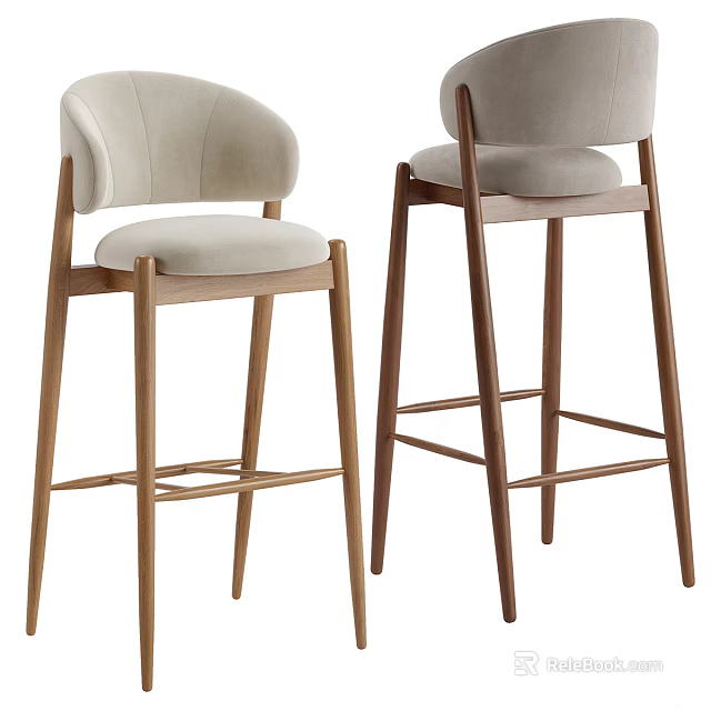 Modern Design Bar Stools With Light Colored Cushioned Seat Backrest And Wooden Legs 3d model 