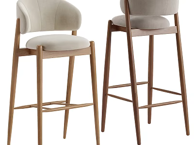Modern Design Bar Stools With Light Colored Cushioned Seat Backrest And Wooden Legs 3d model