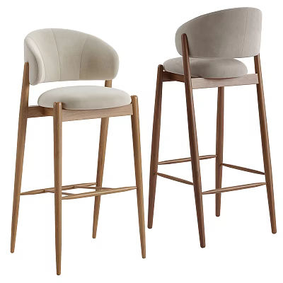 Modern Design Bar Stools With Light Colored Cushioned Seat Backrest And Wooden Legs 3d model