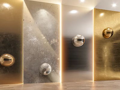 Modern Gold Silver Gray Wall Panels With Textured Surfaces Metal Sphere Decorations And Ambient Lighting 3d model