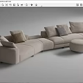 Modern Beige Irregular Shaped Sofa With Multiple Cushions Round Ottoman And Wooden Side Table 3d model