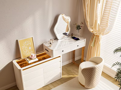 Elegant Modern White Dressing Table With Gold Legs Mirror Drawers And Decorative Chair Natural Light 3d model
