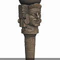 Ancient Carved Stone Column With Intricate Face Headdress And Geometric Patterns