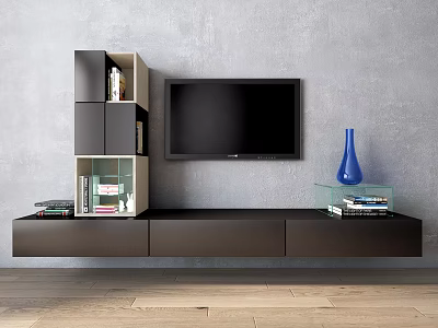 Modern Wall Mounted Dark TV Stand With Drawers Open Shelves And Blue Vase 3d model