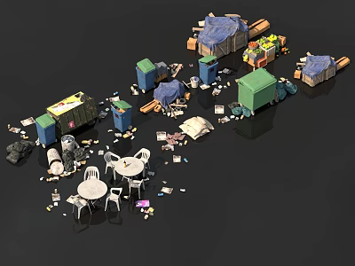 Cluttered Pile of Household Items Including Tables Chairs Boxes and Trash 3d model