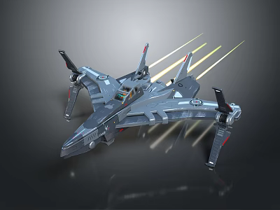 Futuristic Gray Spaceship Flying With Yellow Thruster Flames And Mechanical Details 3d model
