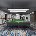 Elegant Billiard Room Interior With Green Table Overhead Lighting Blue Carpet Cue Rack And Plant