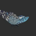 Blue and white butterfly with detailed patterned wings in flight on dark background