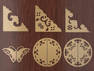 Golden Carved Decorations With Triangular Butterfly And Circular Shapes On Wooden Background 3d model