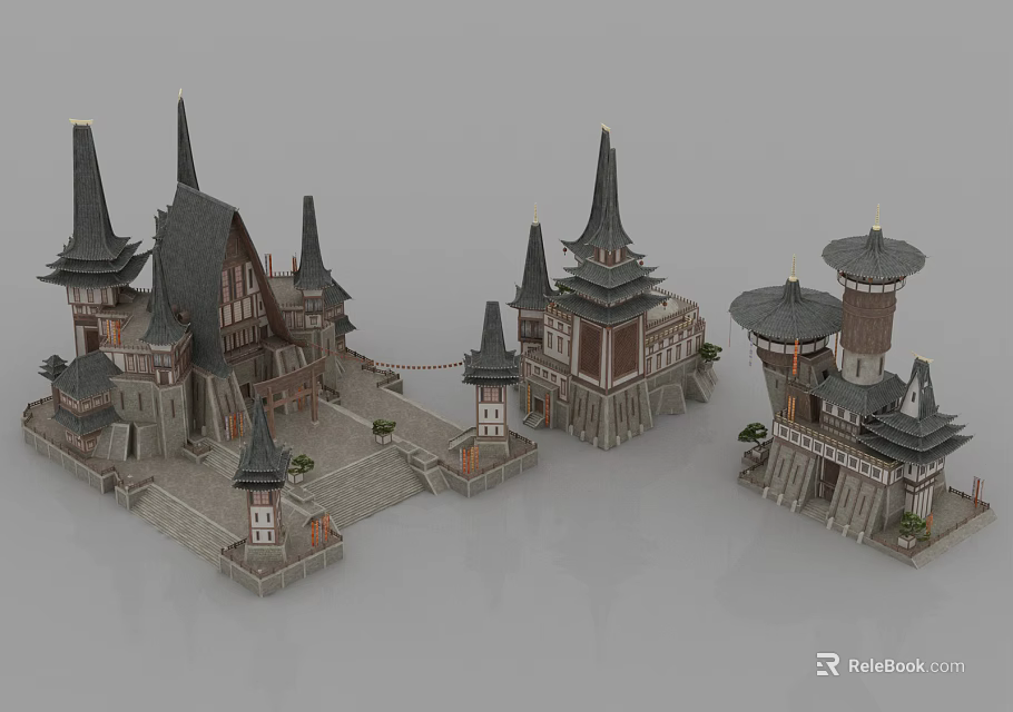 Ancient Architecture With Ornate Spires Multi Tiered Structures And Traditional Roofs 3d model