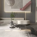 Modern Living Room Interior With Large Windows Blinds Gray Sofa Round Armchairs And Coffee Table