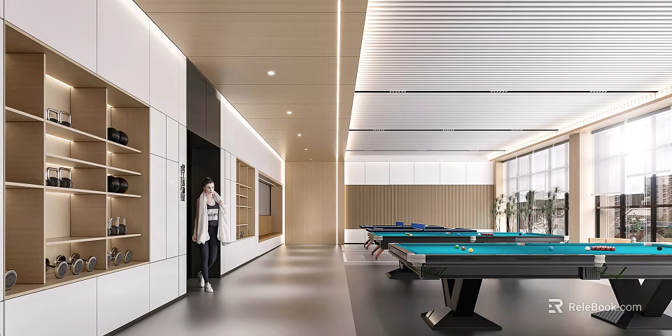 Modern Entertainment Room Interior Design With Pool Table And Wooden Cabinets 3d model 