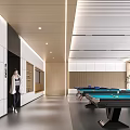 Modern Entertainment Room Interior Design With Pool Table And Wooden Cabinets