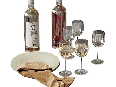 Elegant Wine Bottles And Glasses Display With White Plates And Beige Cloth 3d model