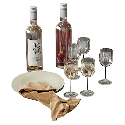 Elegant Wine Bottles And Glasses Display With White Plates And Beige Cloth 3d model