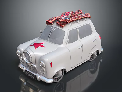 White Toy Car With Red And White Bow On Roof And Red Star On Front 3d model